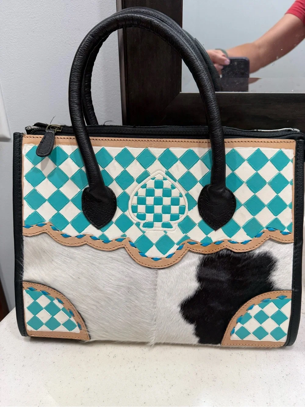Teal Checker Pattern Satchel Handbag with Black Trim and Genuine Cowhide